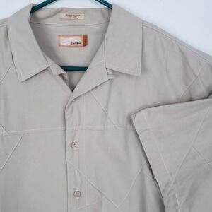 Koman Button Down Shirt Mens XL Beige Geometric Stitching Linen Cotton Blend